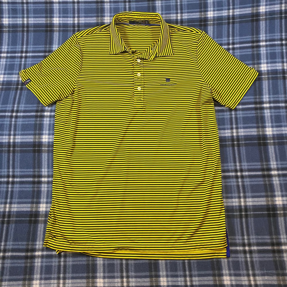 RLX Ralph Lauren Mens Yellow Navy Striped Performance Golf Polo Shirt Large